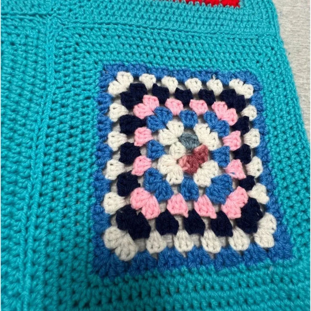 Boho‎ Y2K Crochet Granny Square Afghan Blanket Handmade Turquoise Rainbow 42x45
